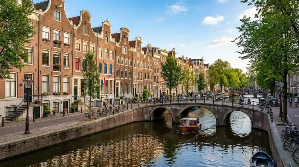 Amsterdam canal belt with historic narrow houses and bridges